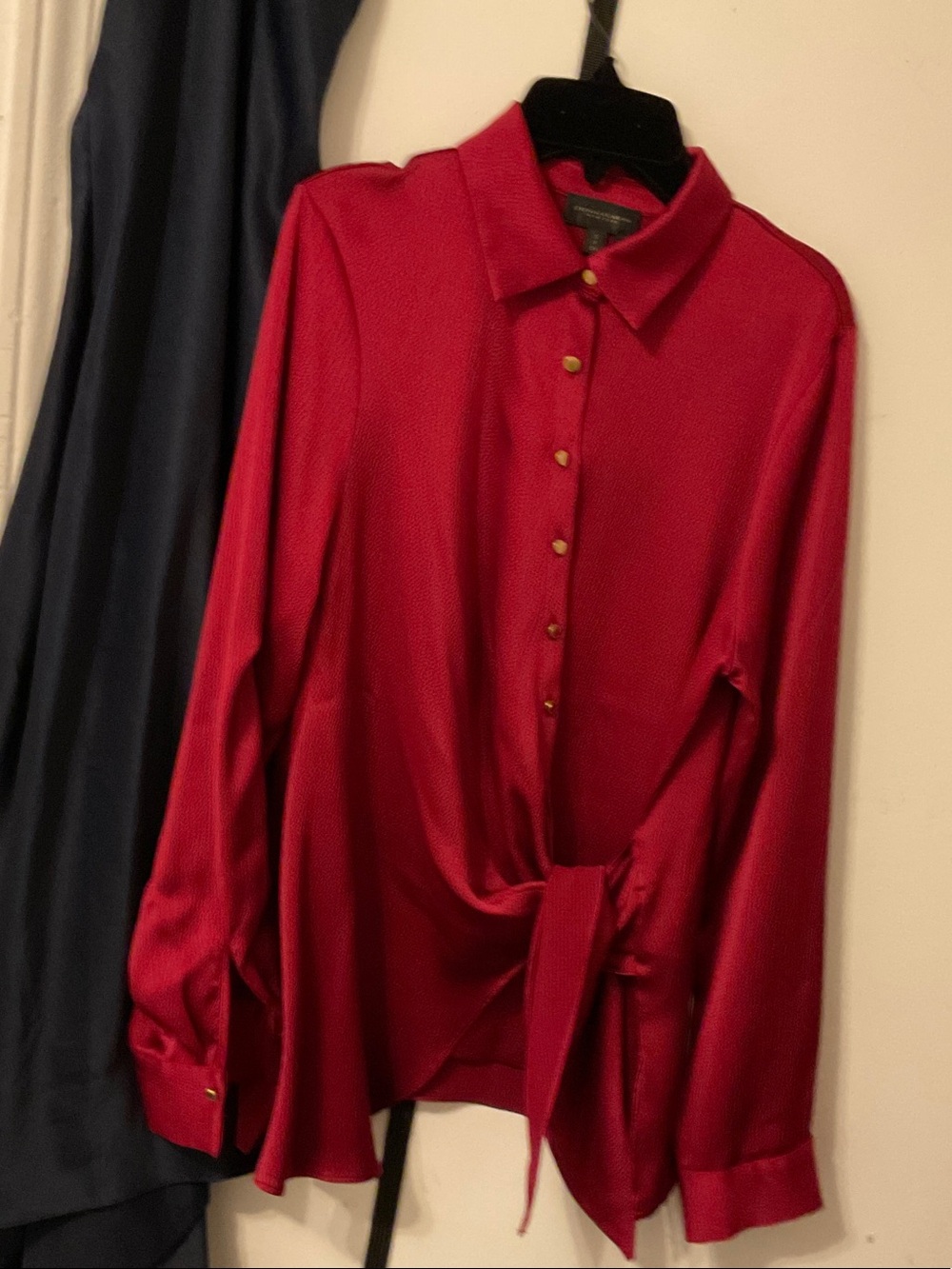 Donna Karan Red Satin Button-Front Tie Blouse